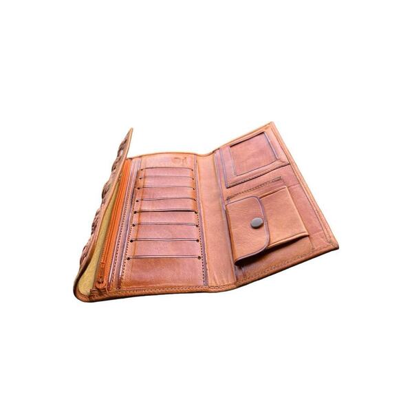 Artisan Tooled Flowers Leather Wallet - Made in Mexico - Credit Cards Coin Purse - Picture 3 of 7